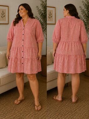 Red Gingham Tiered Shirtdress Cottagecore Picnic Button Down 3/4 Sleeve XXL